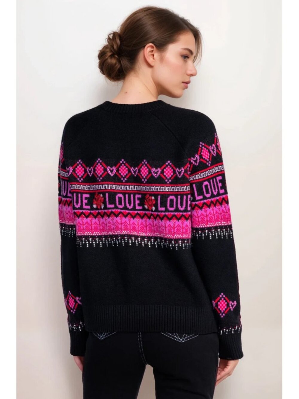 NWT! Johnny Was $445 Rosey Black Fair Isle LOVE Heart Sweater Wool & Cashmere M